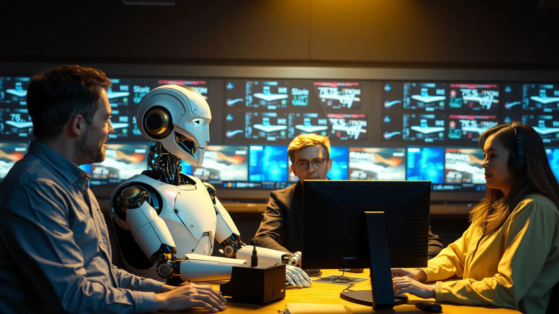 A team and a AI robot sitting on a studio for produce a video